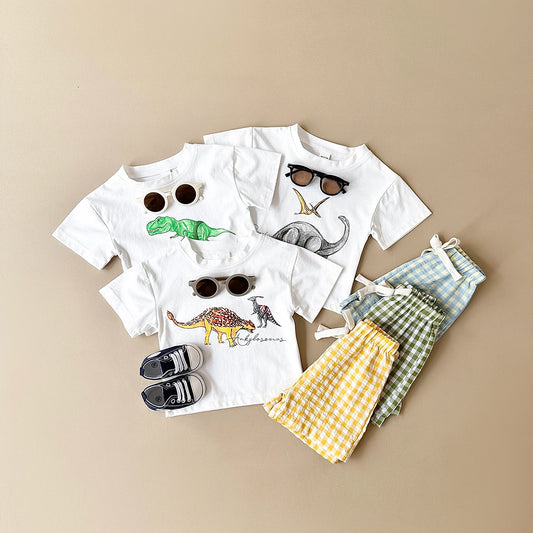 New Baby Clothes Set Infant Dinosaur Print Top+Grid Shorts Baby Boys Girls Casual Baby Set Newborn Summer Baby Clothes 2Pcs/Sets