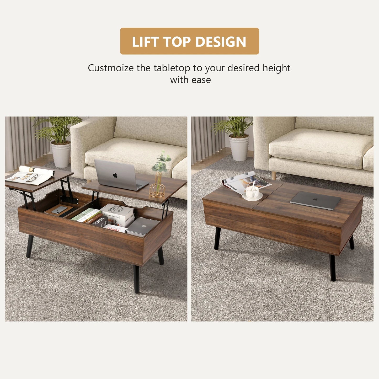 VOWNER Lift Top Coffee Table with Separate and Hidden Storage Compartment, Double Lift Table Top for Home Living Room
