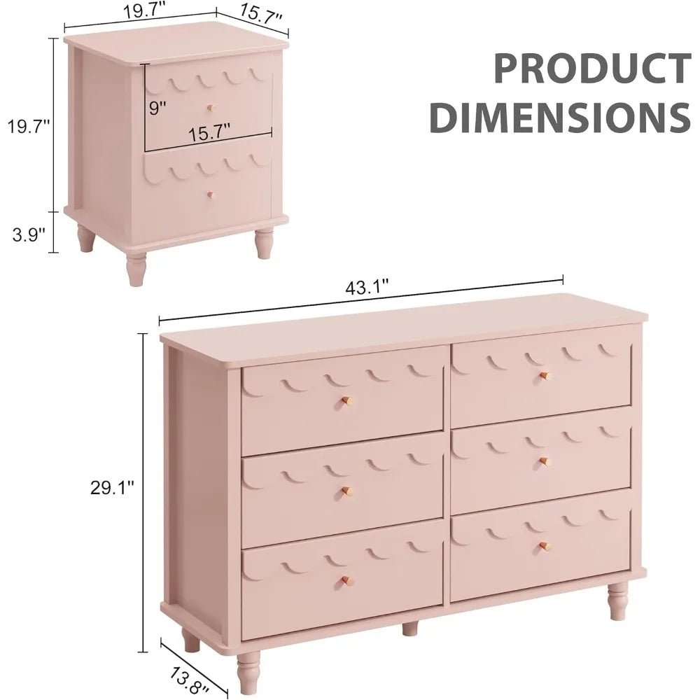 Bedroom Set 2 PCS 6 Drawer Dresser and Night Stand Sets for Bedroom, Two Drawers Nightstand & Scalloped 6 Drawer Dresser Combo