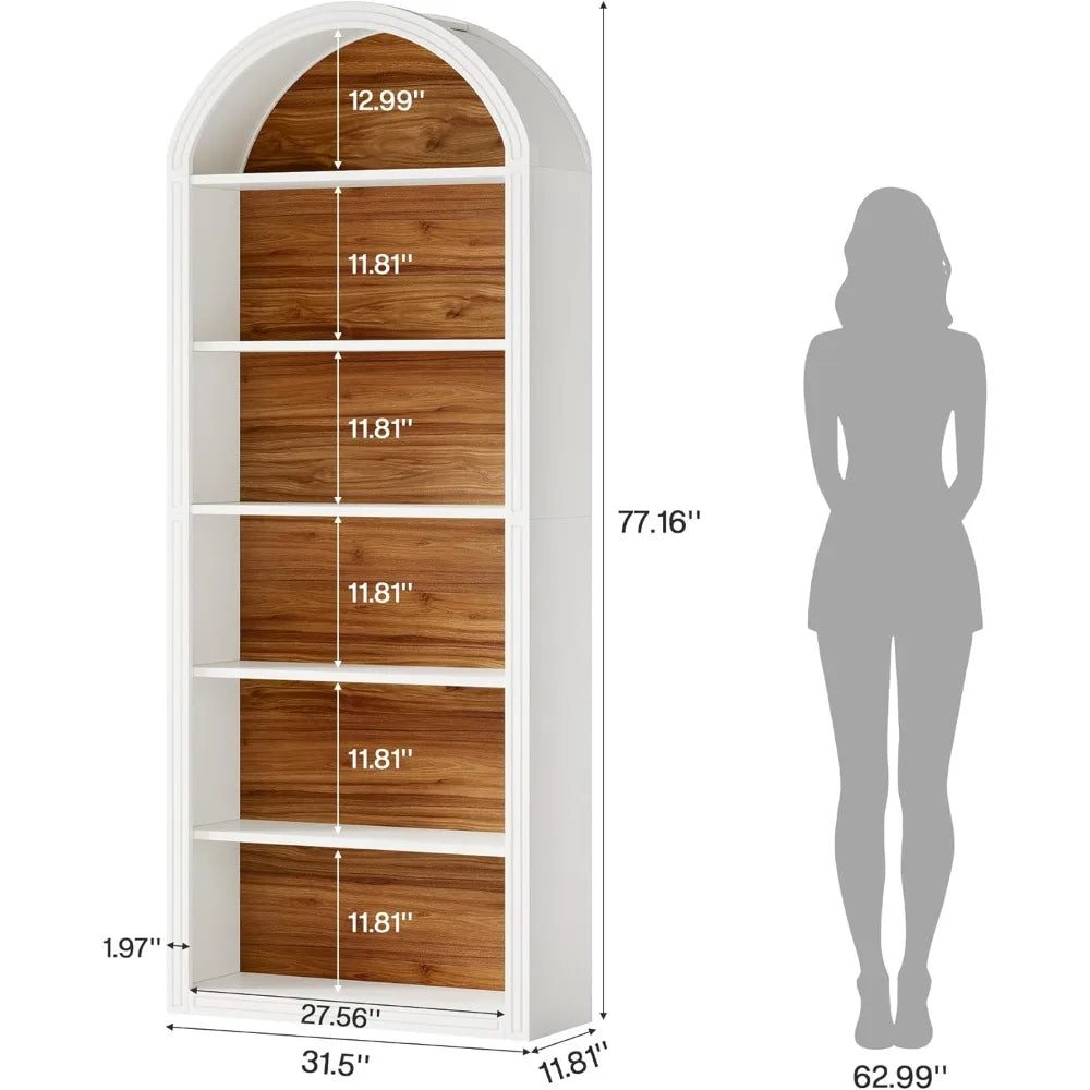 Tribesigns 6-Tier White Arched Bookshelf, 77.16 Tall Arched Bookcase with Storage Shelves, Floor Standing Open Display Shelving