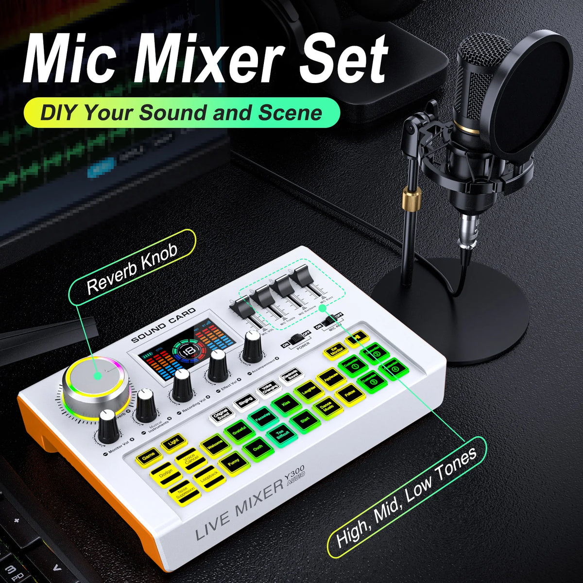 Tenlamp Y300-BM800 Live Sound Board Audio Mixer with 3.5mm Condenser Mic, Podcast Equipment Bundle for 4 People, Professional PC Laptop Studio Recording for Singing Gaming Karaoke Vlog Streaming