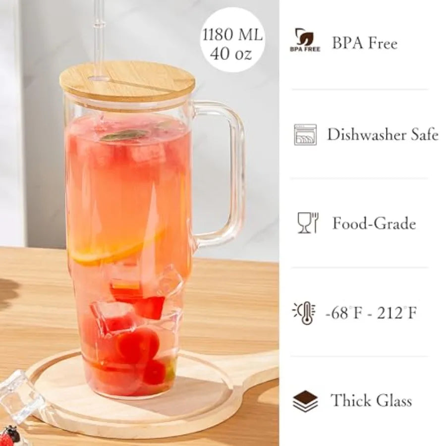 40 oz Glass Cups with Lids and Straws 2 Pack Large Glass Tumbler with Handle Borosilicate Ice Coffee Cups, with Bamboo Lid and