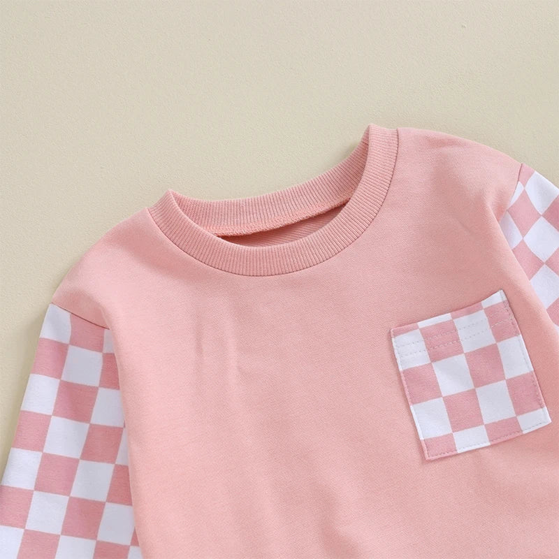 2023-08-17 Lioraitiin Baby Girl Clothes Outfits Long Sleeve Sweatsuit Checkboard Sweatshirt and Pants Toddler Infant Clothing