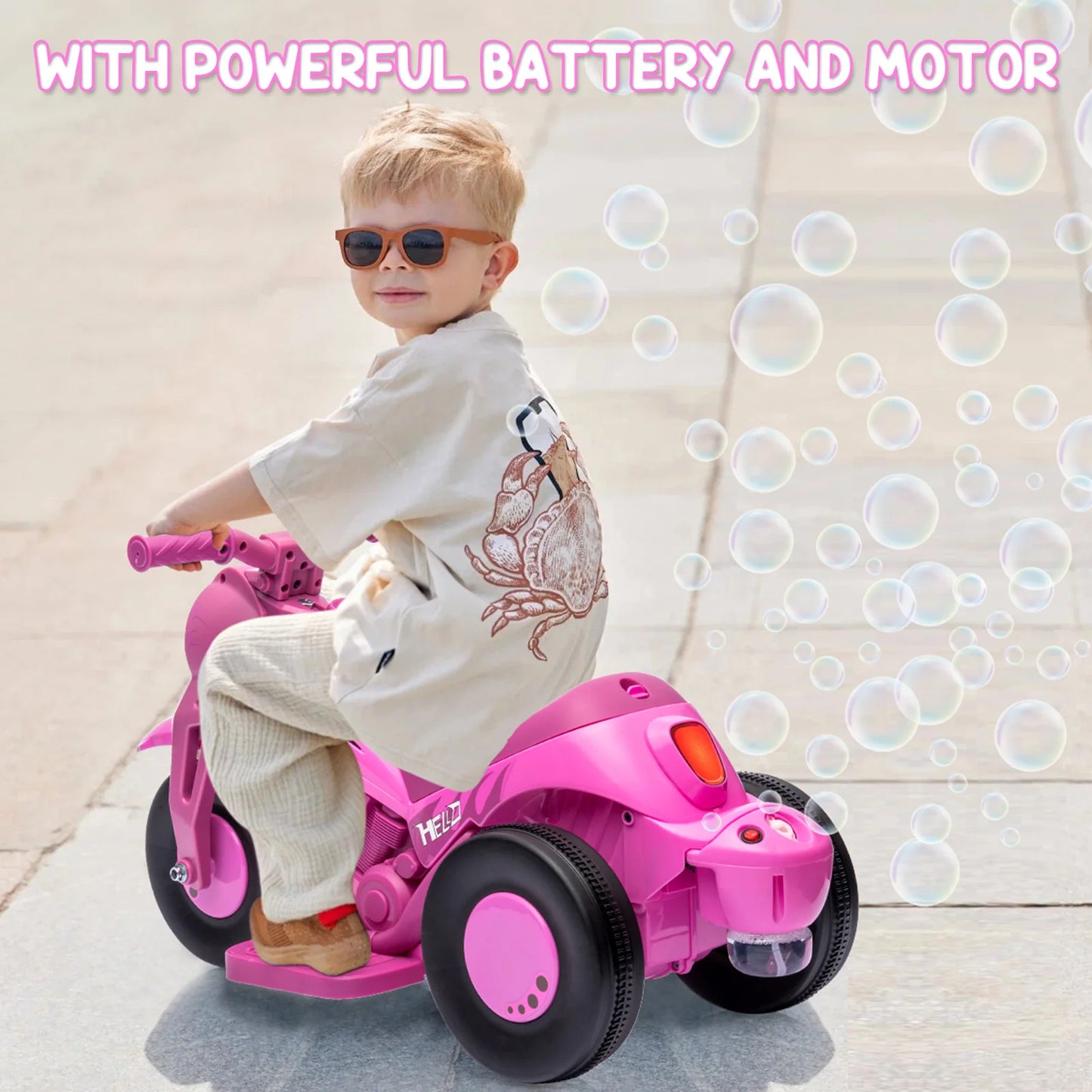 Kids Ride-On Bubble Car 6V Battery-Powered Electric Motorcycle with Led Headlights, Music, Motorbike Toy Gift for Toddlers 3+