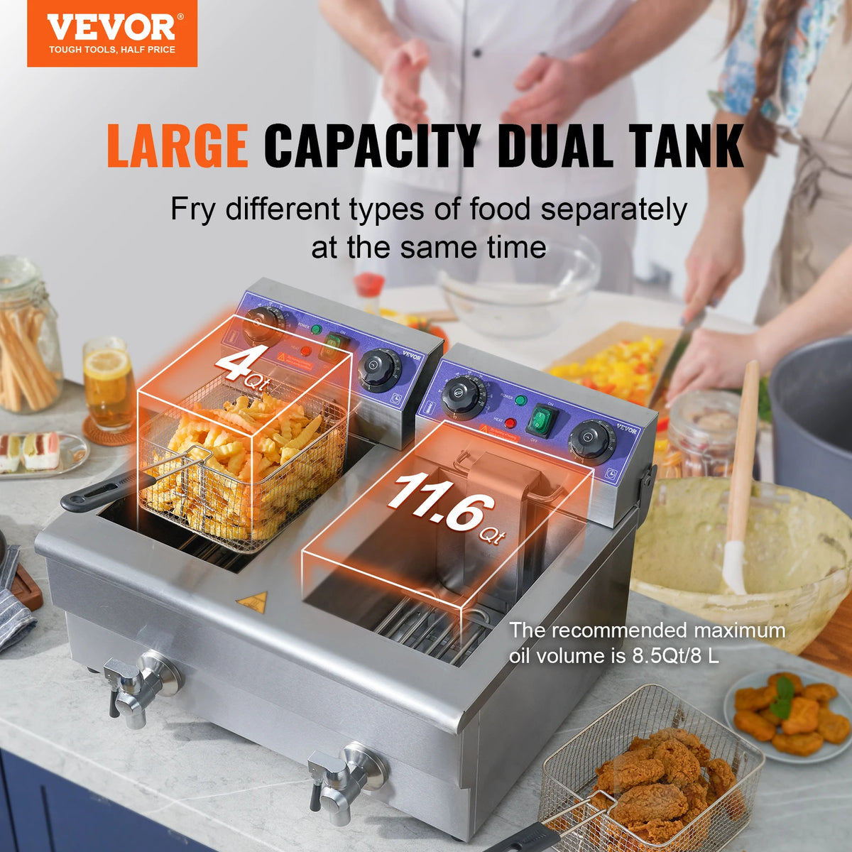 SucceBuy  Electric Deep Fryer w/Dual Removable Tanks 12L 5000W Commercial Countertop  Fryer for Chicken French Fries