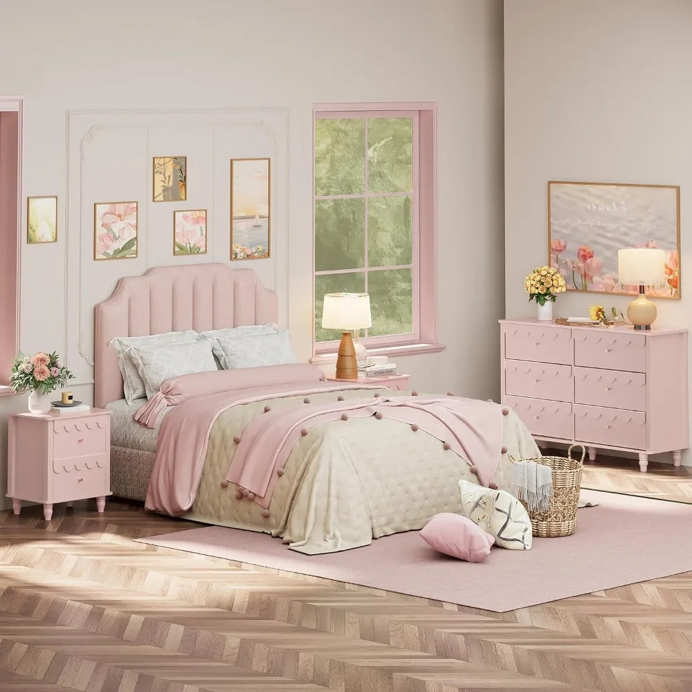 Bedroom Set 2 PCS 6 Drawer Dresser and Night Stand Sets for Bedroom, Two Drawers Nightstand & Scalloped 6 Drawer Dresser Combo