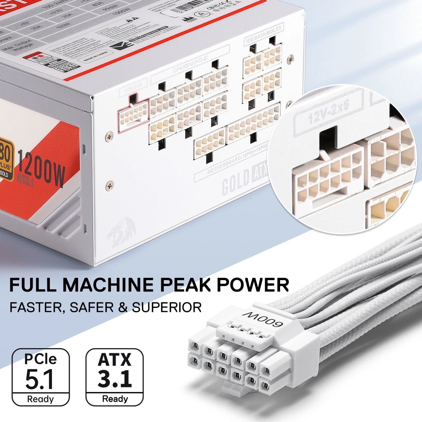 Redragon RGMS-1200W PRO 80+ Gold 1200 Watt w/Upgraded ATX 3.1 & PCIe 5.1 Fully Modular, Compact 150mm Size Power Supply