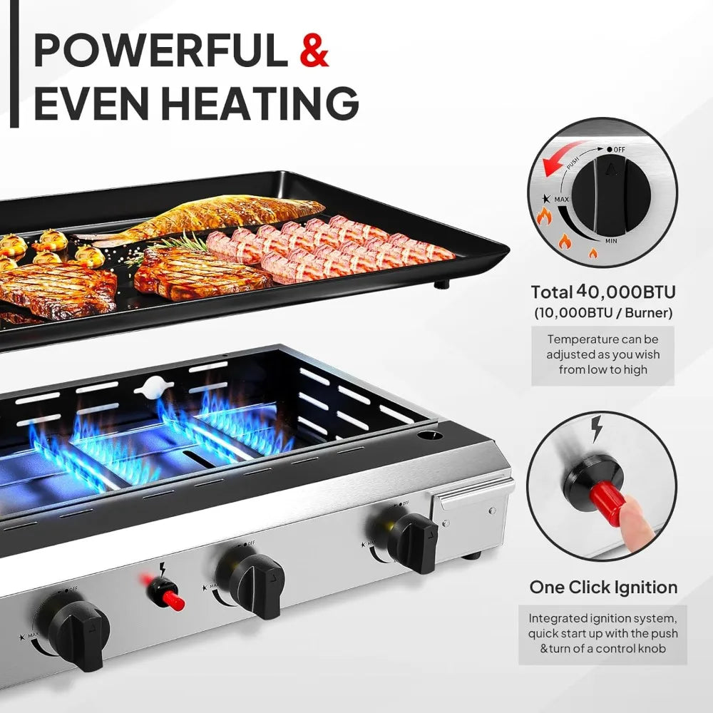 4 Burner Portable Propane Griddle with Nonstick Enameled Tray, 40,000 BTU Tabletop Flat Top Gas Grill with Electronic Ign