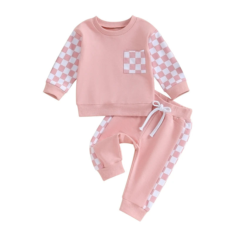 2023-08-17 Lioraitiin Baby Girl Clothes Outfits Long Sleeve Sweatsuit Checkboard Sweatshirt and Pants Toddler Infant Clothing