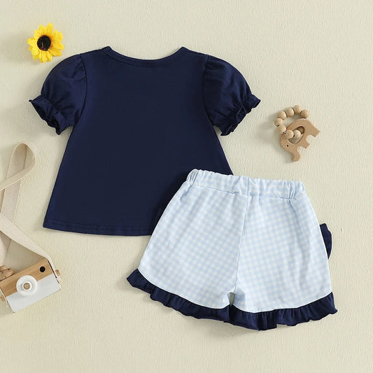 Adorable Toddler Girl s Summer Ensemble Cute Duck Embroidered Puff Sleeve Top with Matching Plaid Shorts - 2 Piece Set