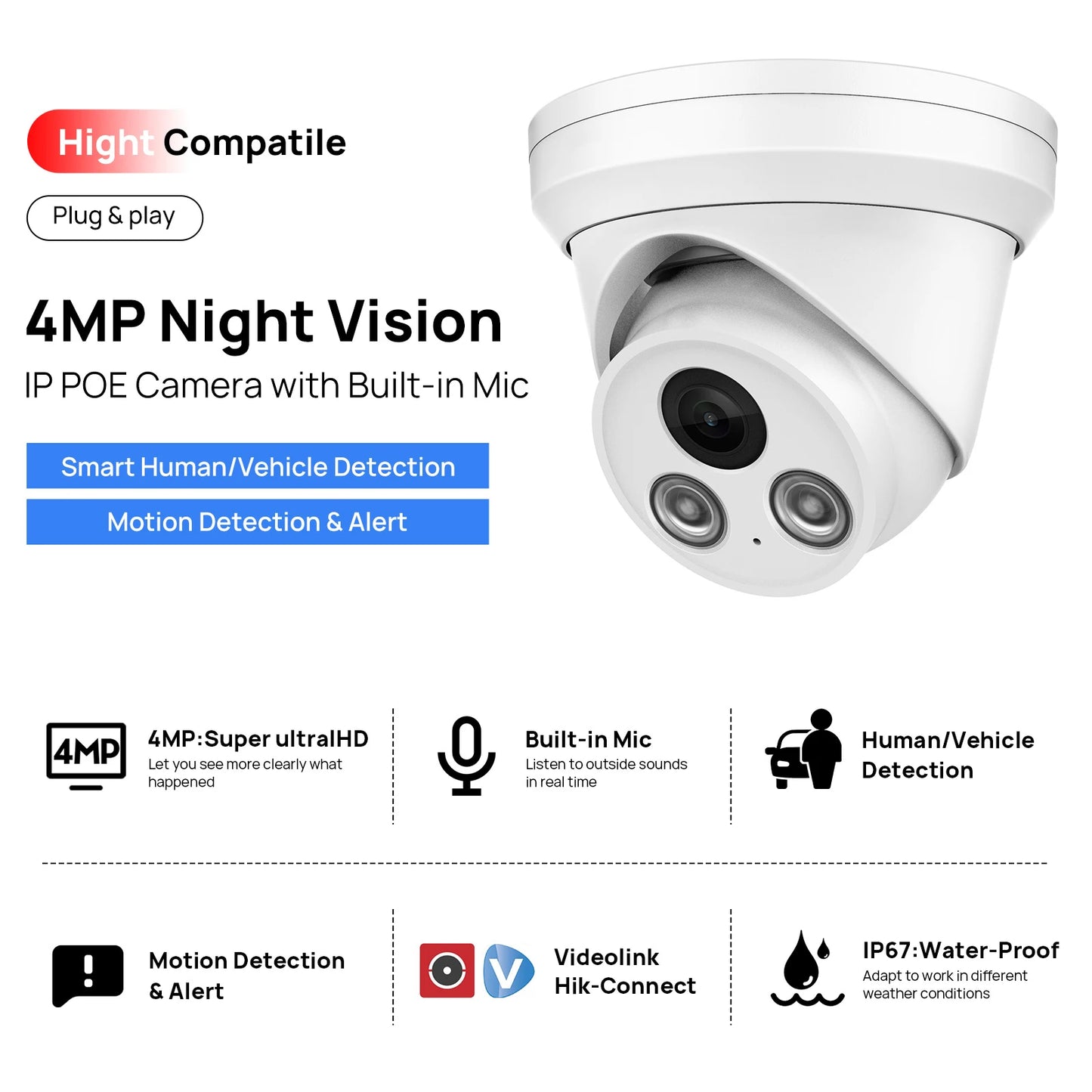 4MP ColorVu POE IP Camera IR Night Colorful 2K Build in MiC IP67 H.265 Human Vehice Security Detect CCTV Hikvision Compatible