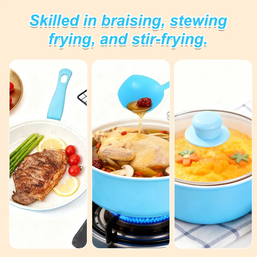 12-Piece Non-Stick Cookware Set Milk Pot Maifan Stone Frying Pan with Lid Pan Kitchen Cooking Set for frying, boiling, sauteing