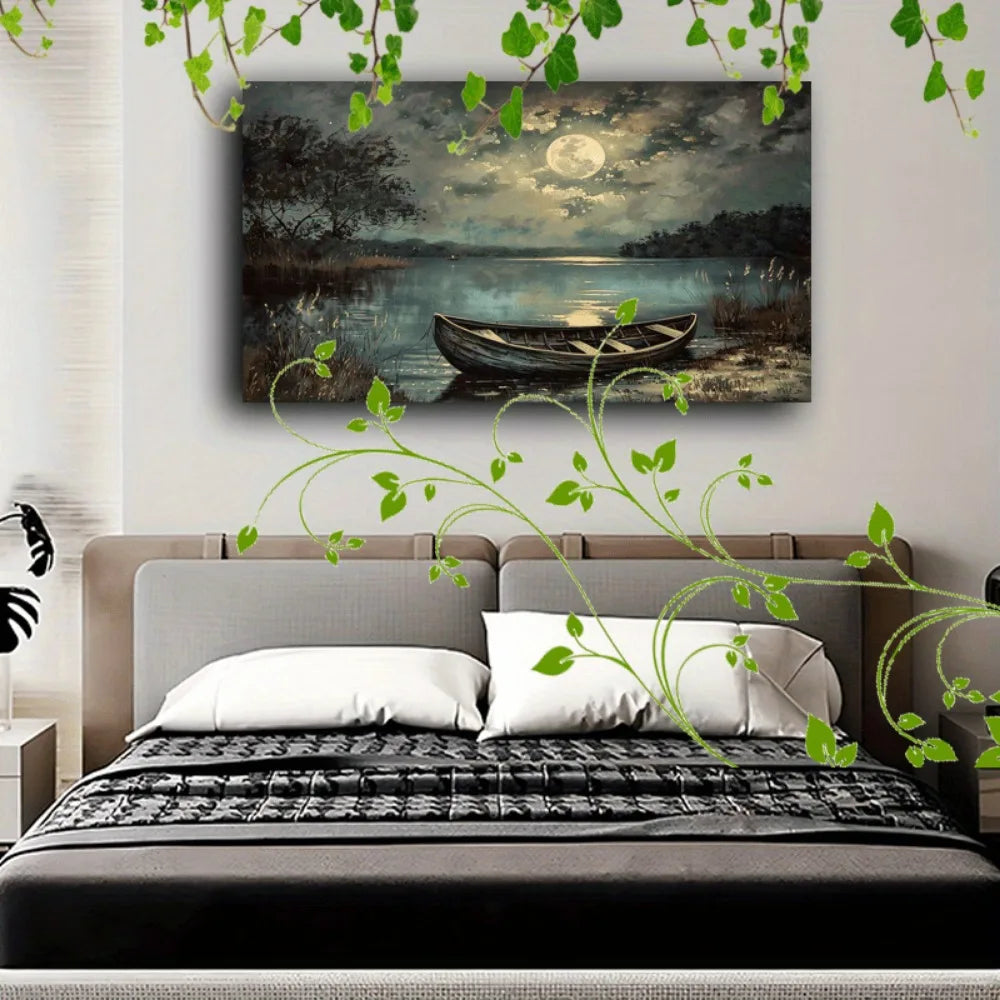 1.5 inch thickness, Interior art Deco, mural wall decoration, home decor, boat on lake, moonlight night, quiet water