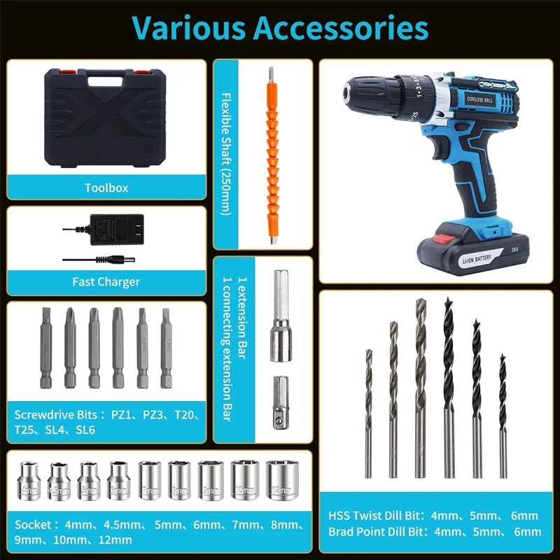 36VF Drill Combination Kit, 2 Batteries And A Fast Charger And Portable Housing With Work Lights, 2 Speed Adjustable
