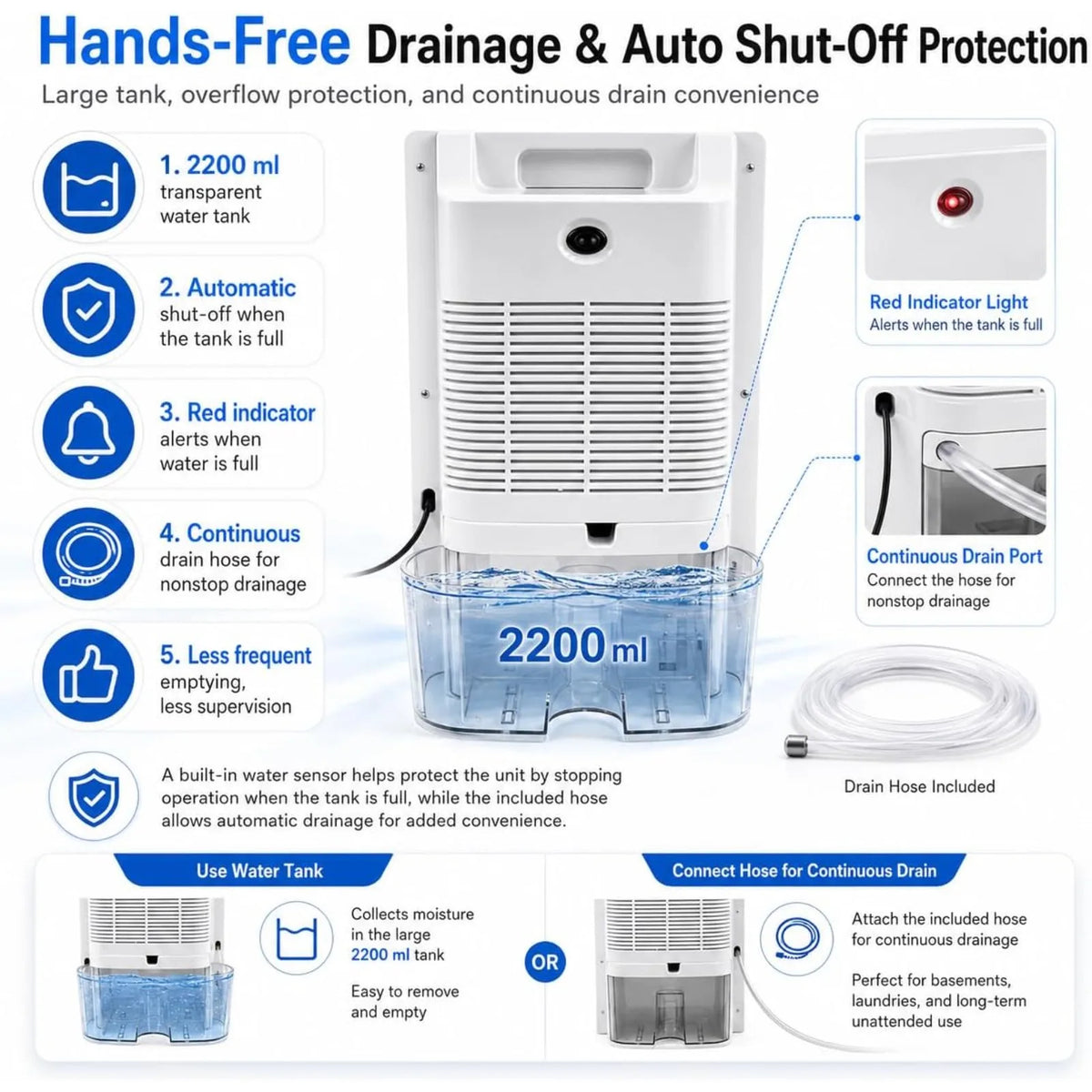 Quiet Intelligent Portable Dehumidifier with Remote Control & Water Hose, 120W Efficient Dehumidifier Suitable for 323 Sq.ft Space, Small Dehumidifier for Bedroom Bathroom Basement Closet RV Home Use