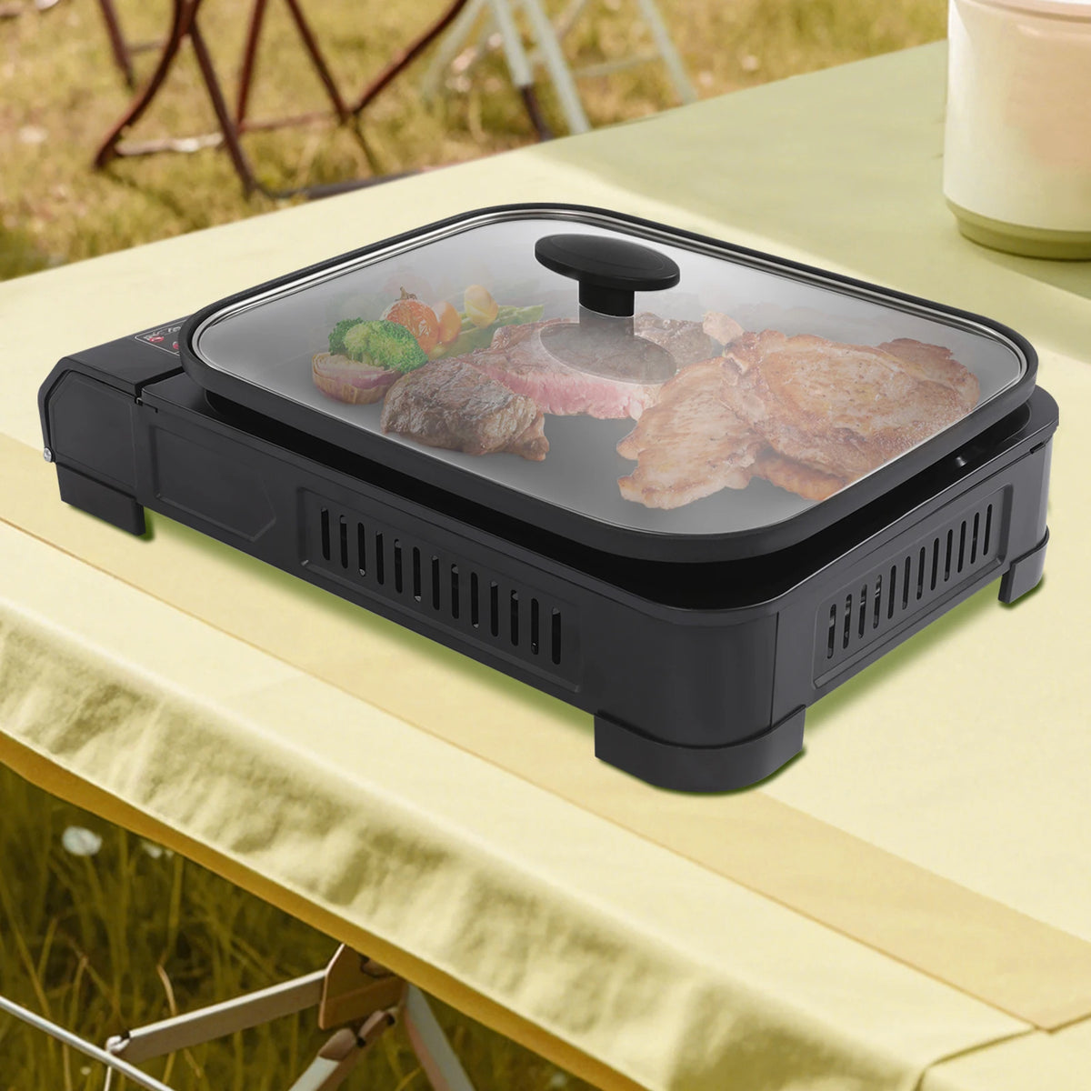 Portable Butane Gas Grill Stove Outdoor Camping Picnic BBQ with Non-Stick Grill Pan Tempered Glass Lid for Kitchen Garden Beach