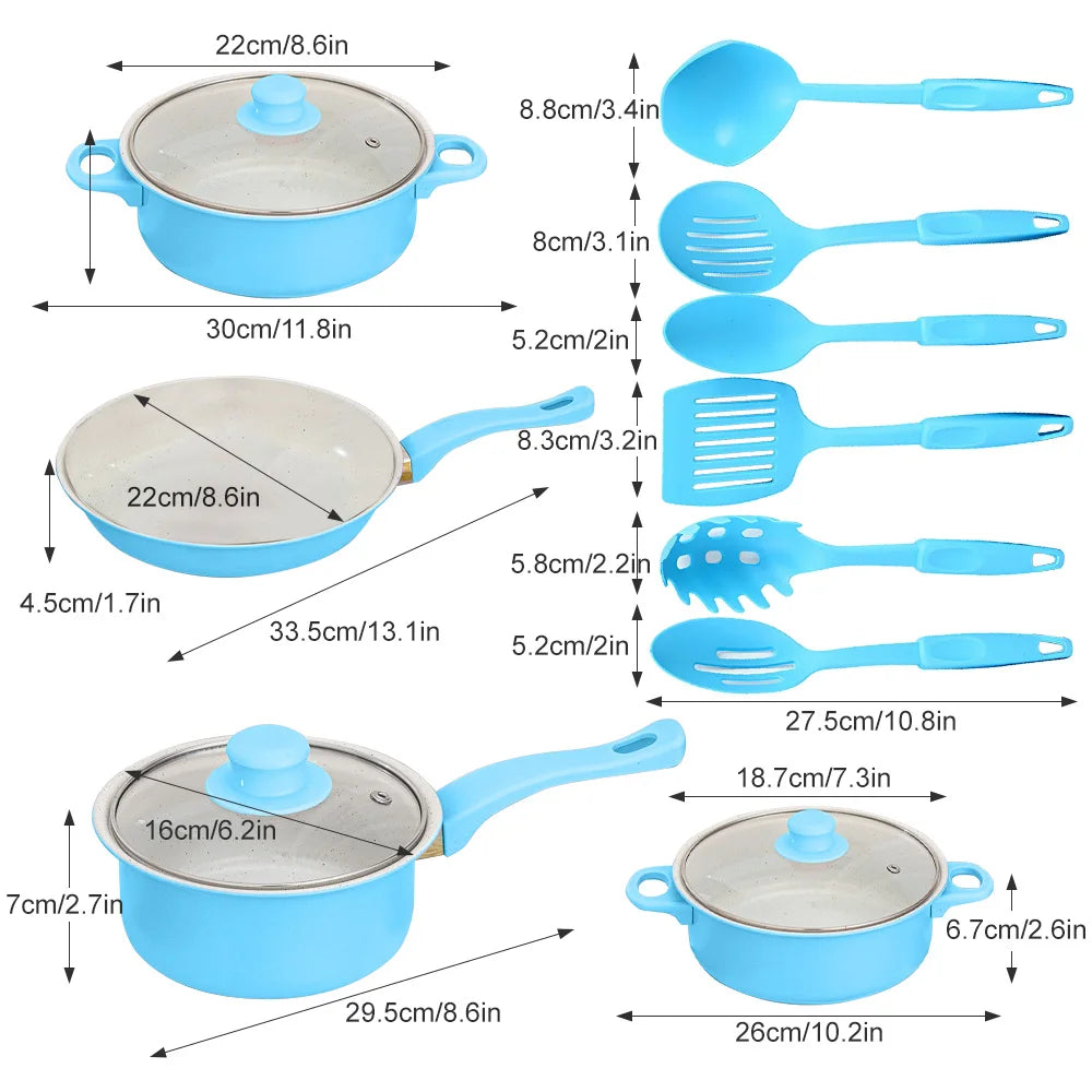 12-Piece Non-Stick Cookware Set Milk Pot Maifan Stone Frying Pan with Lid Pan Kitchen Cooking Set for frying, boiling, sauteing