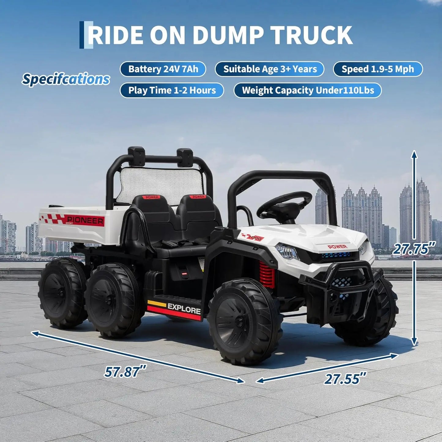 24V 4WD Electric Dump Truck for Kids Boys Girls 2-Seater Ride-on Toy with Parent Remote Control,Music Player, Off-Road Vehicle