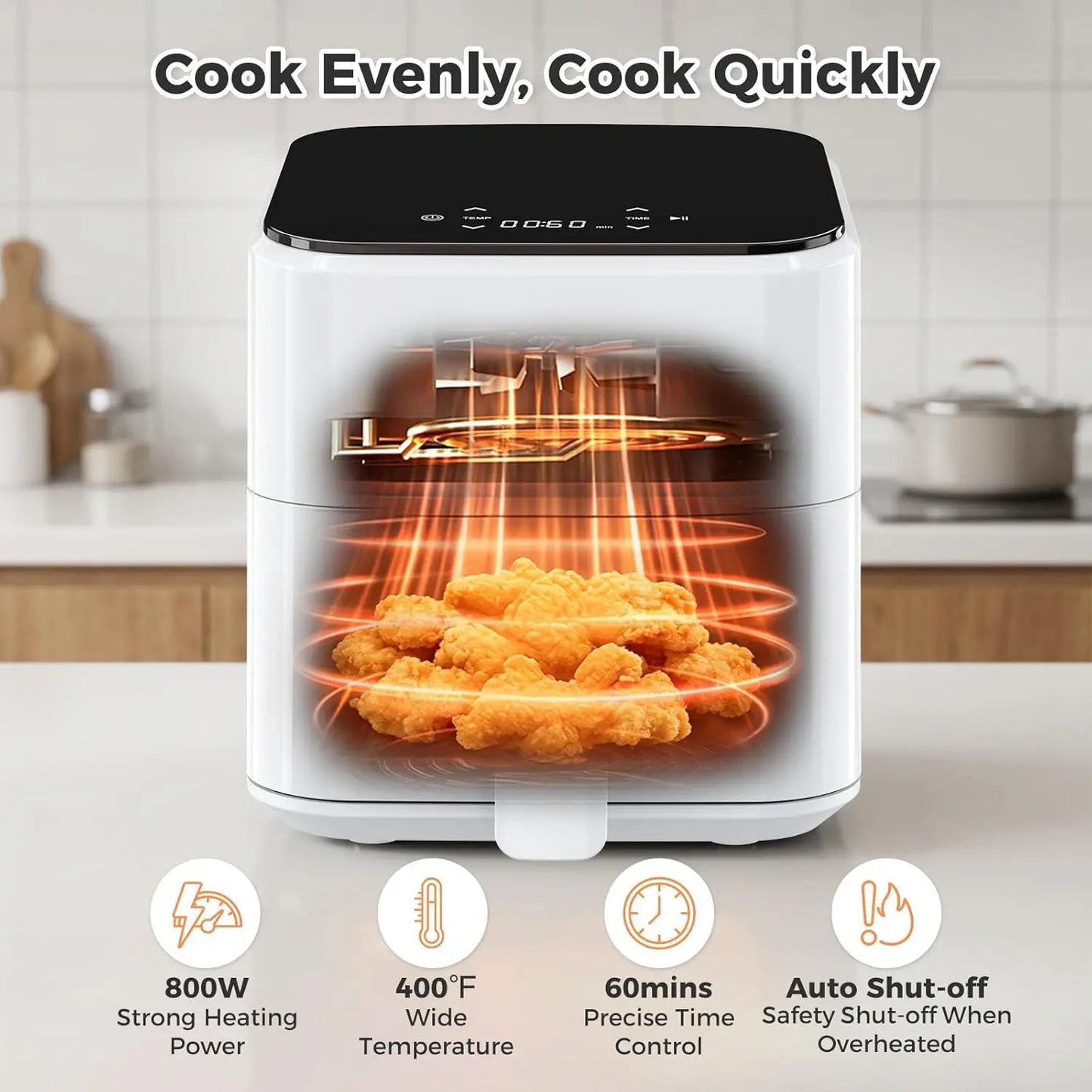 3QT Air Fryer, Small Air Fryer with Digital PP Touch Panel, White