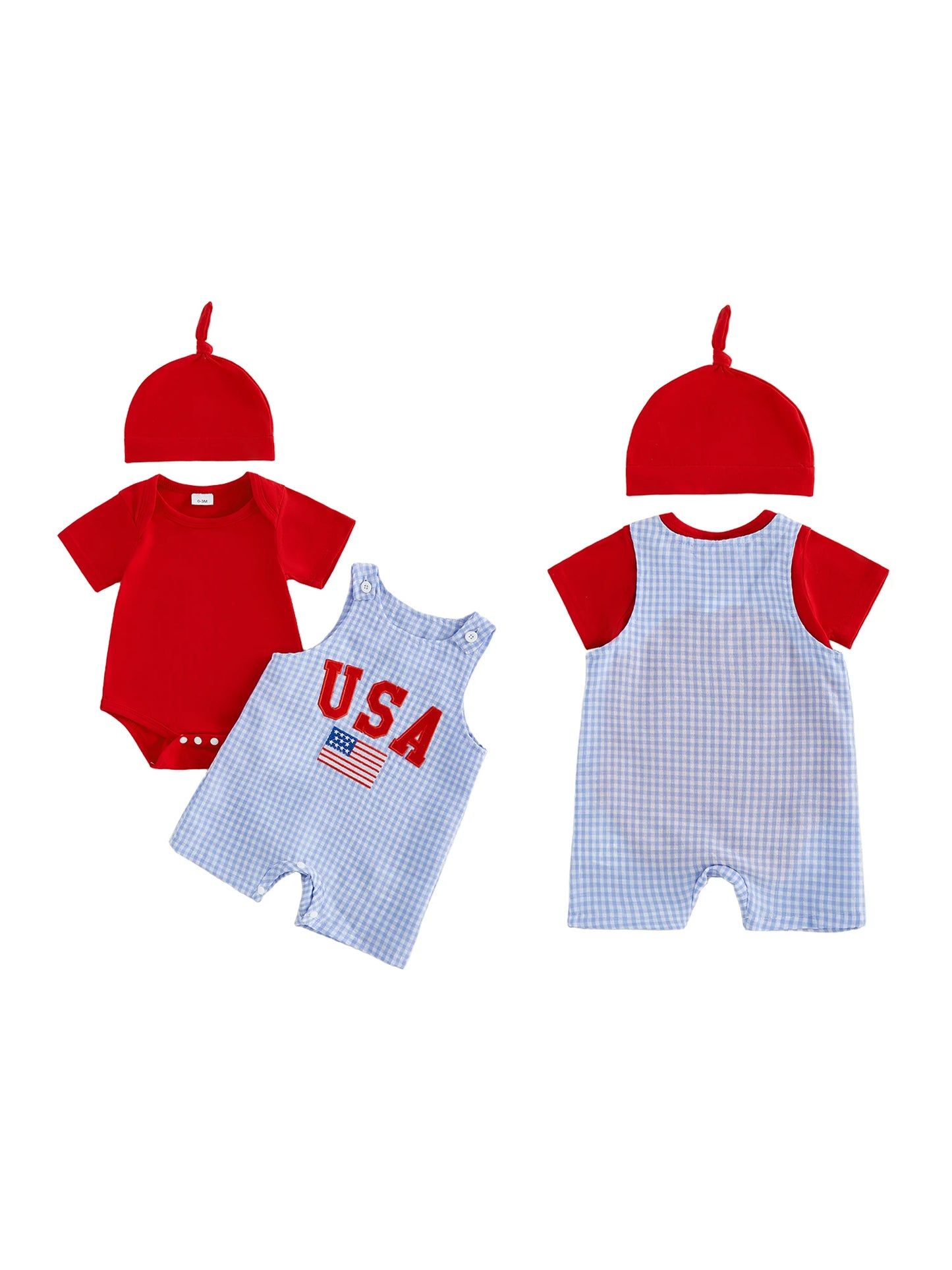 Toddler Boys 4th of July Clothing Set Short Sleeve Romper Plaid Overalls Hat Independence Day Outfit 3 Piece Suit