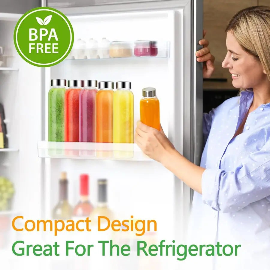 Glass Water Bottles with Lids 18 oz, 12 Pack Reusable Juice Bottles With Stainless Steel Airtight Cap for Juicing, Leak Proof Cl