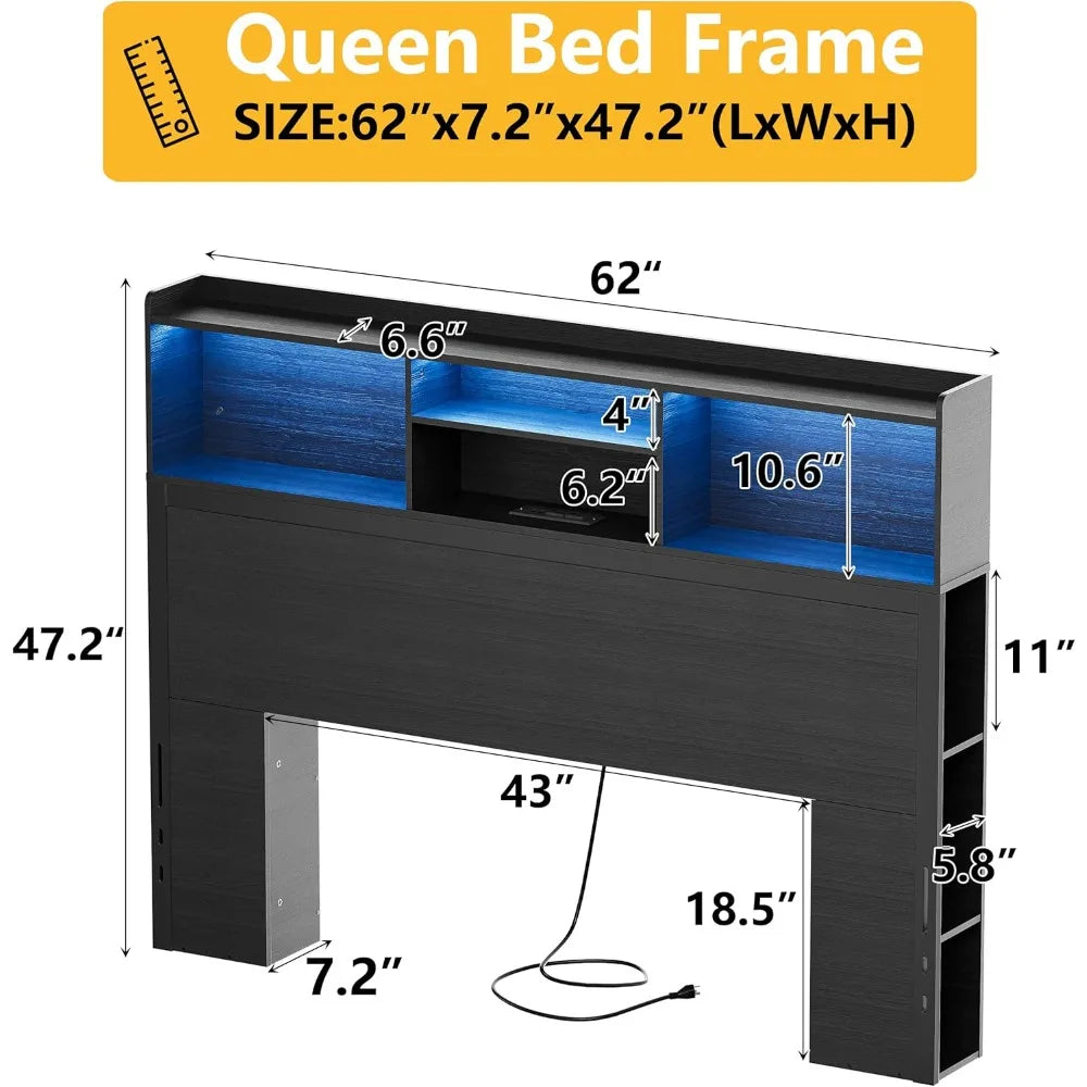 PAKASEPT Queen Headboard with Storage, Modern Bookcase Headboard with Adjustable LED Lights & Charging Station for Bedroom, Fash