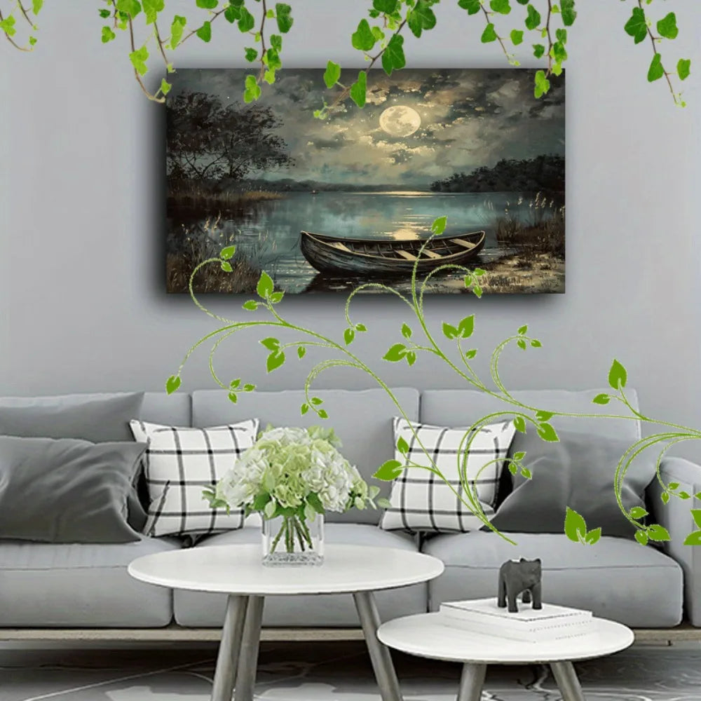 1.5 inch thickness, Interior art Deco, mural wall decoration, home decor, boat on lake, moonlight night, quiet water