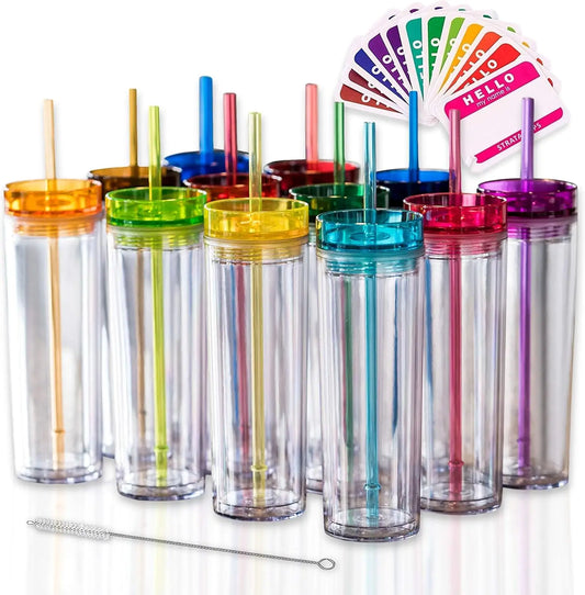 12 Colorful 16oz Reusable Tumblers with Lids & Straws, Double-Wall Acrylic Cups for Cold/Warm Drinks