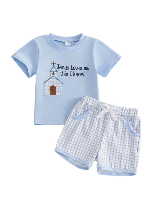 Kids Easter Outfit Set Short Sleeve O Neck Letter House Embroidery Tee Plaid Shorts Boys Summer Clothing Set