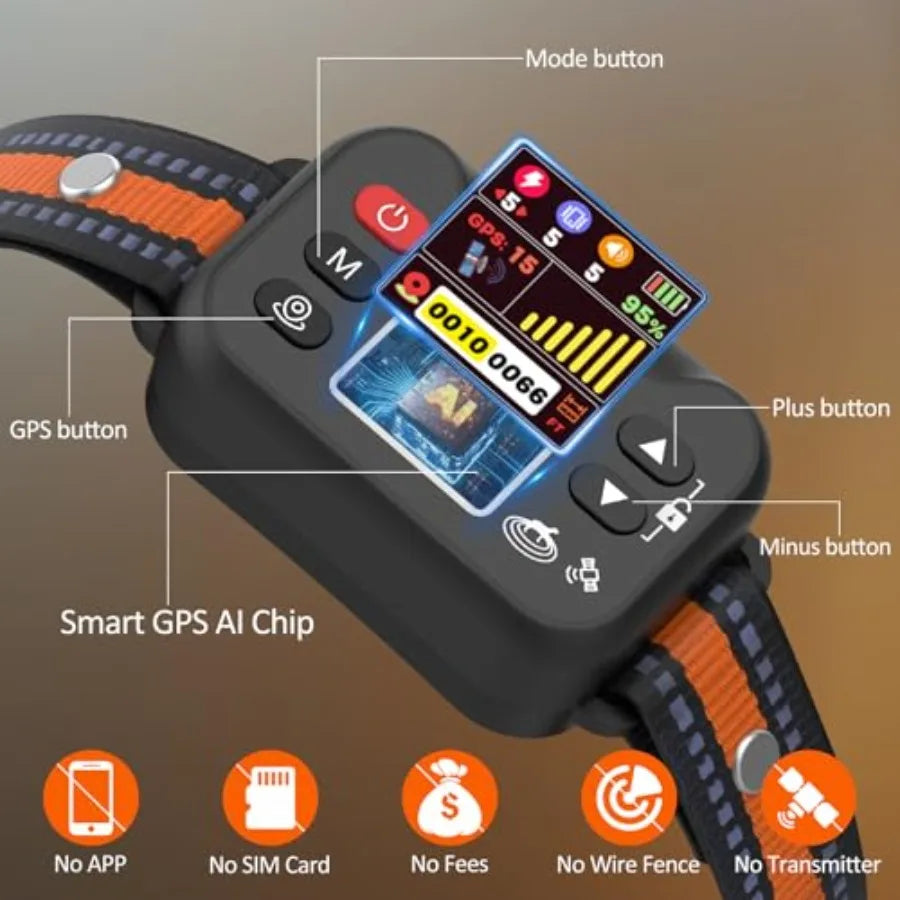 GPS Dog Collar for Outdoor Use, Waterproof IP67 Nylon Collar with Black Trim, 3 Correction Modes for Pets Over 15 Lbs