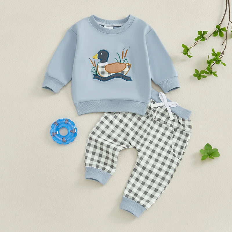 2024-09-13 Lioraitiin Toddler Baby Boy Girl Duck Clothes Long Sleeve Sweatshirt Plaid Elastic Waist Long Pants Outfit