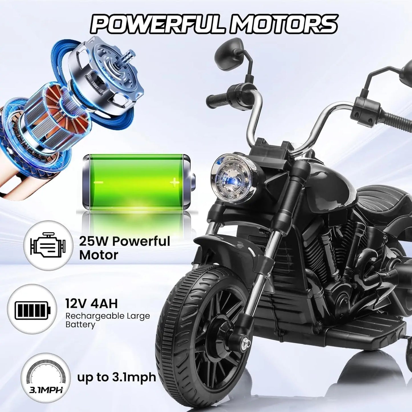 3-Wheel Kids Ride on Motorcycle w/Detachable Training Wheels/Reverse/Headlight 12V Electric Ride on Toy for Toddler Boys Girls