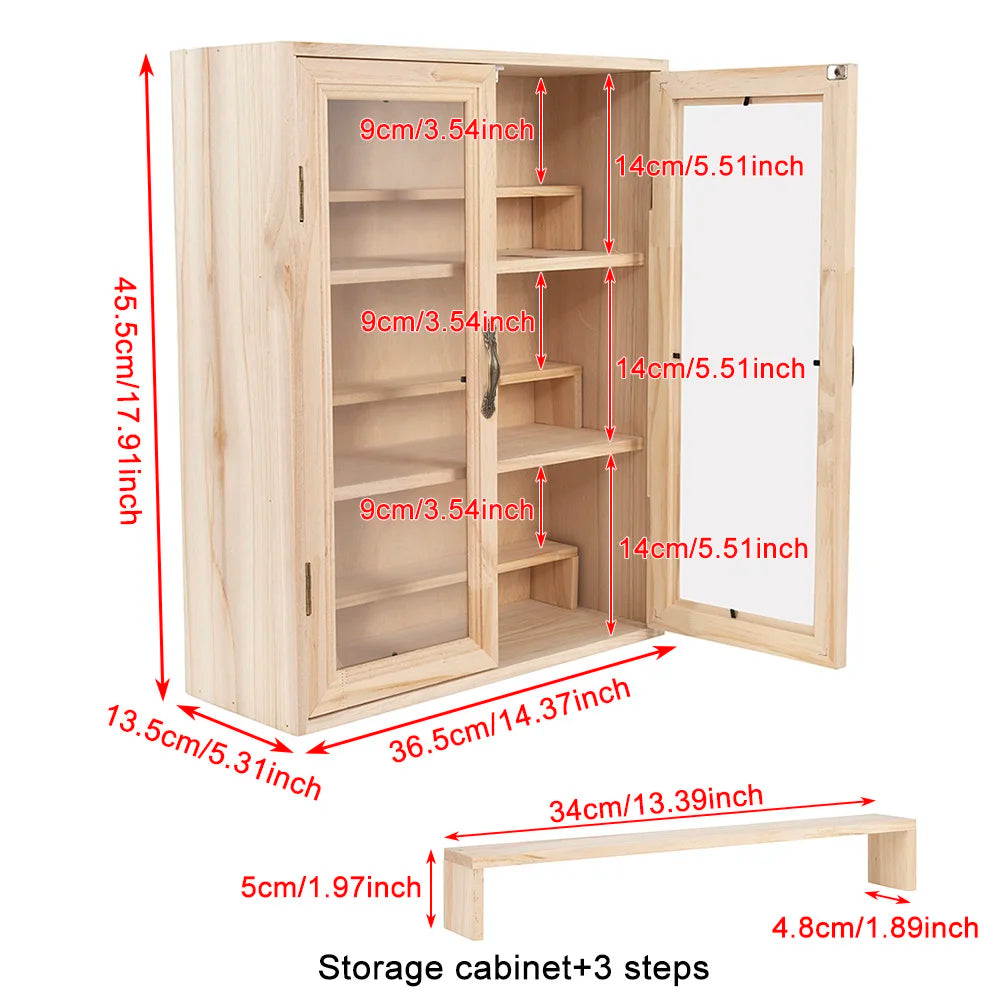 6 Layers Blind Box Display Rack Solid Wood Storage Cabinet with 3 Steps Dustproof Standing Double Door Display Cabinet