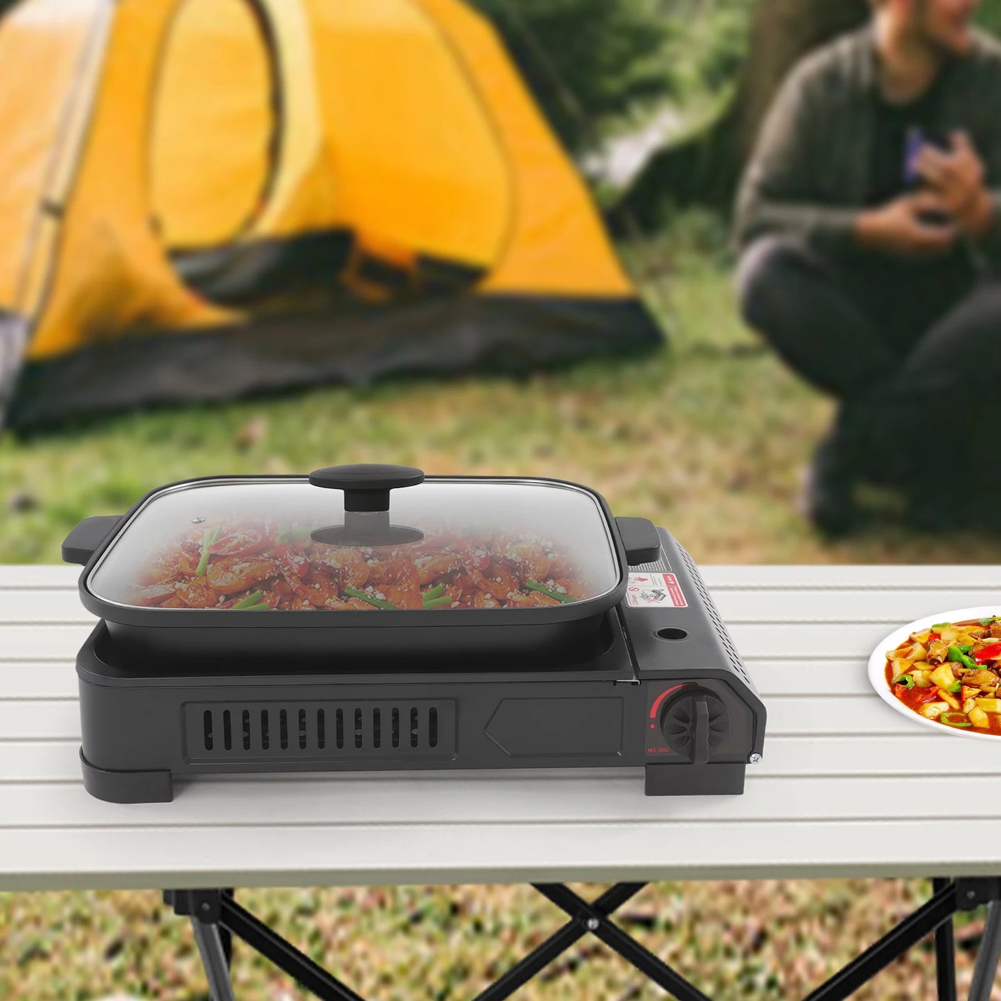 Portable Butane Gas Grill Stove Outdoor Camping Picnic BBQ with Non-Stick Grill Pan Tempered Glass Lid for Kitchen Garden Beach