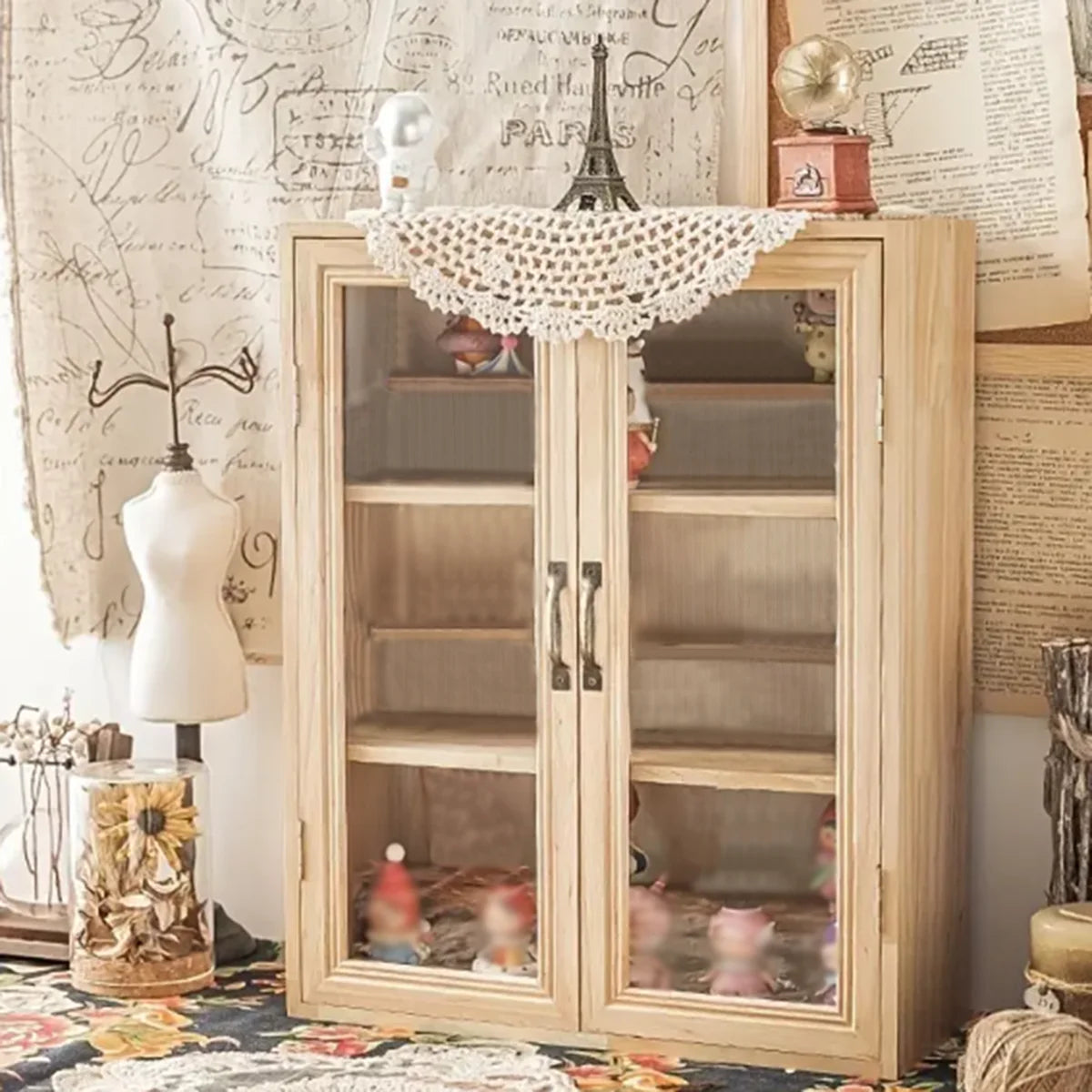 6 Layers Blind Box Display Rack Solid Wood Storage Cabinet with 3 Steps Dustproof Standing Double Door Display Cabinet