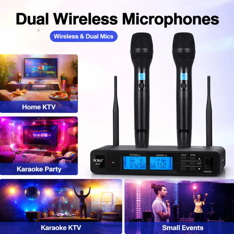 NXG  K-6 UNIVERSAL-1TO2 Dual Wireless Microphone Receiver Kit, Metal Mesh Mic Head, Matte Comfort Grip, Dual Signal Antennas, Crystal Clear Hi-Fi Audio, Zero Delay Sound, Multi-Scene Wireless Mic System for Family Singing, Li
