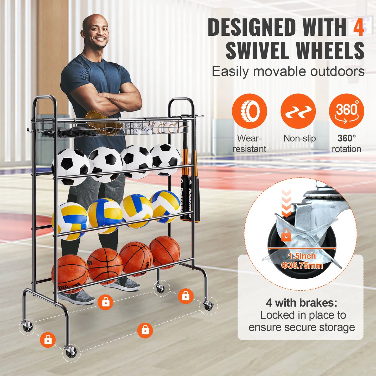 VEVOR 4-Layers Basketball Rack Rolling Basketball Shooting Training Stand with Wheels Sports Equipment Storage Organizer