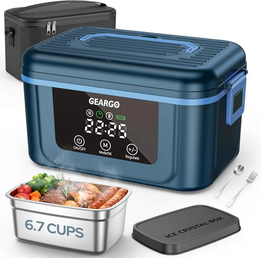 Cordless Electric Lunch Box,1.6L 24000mAh Rechargeable Heated Lunch Box with Ice Crystal Box,24 Hours Self Heating Lunchbox