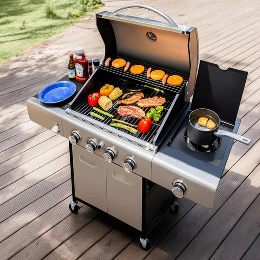 4-Burner BBQ Propane Grill with Searing Side Burner, Porcelain-Enameled Cast Iron Grates,Thicker and taller lid, Stainless Stee