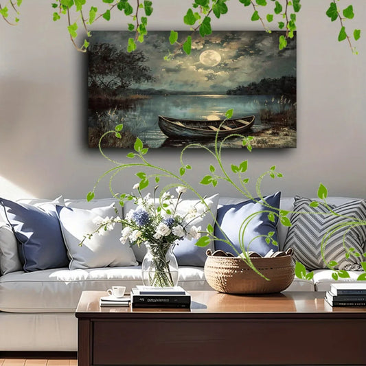 1.5 inch thickness, Interior art Deco, mural wall decoration, home decor, boat on lake, moonlight night, quiet water