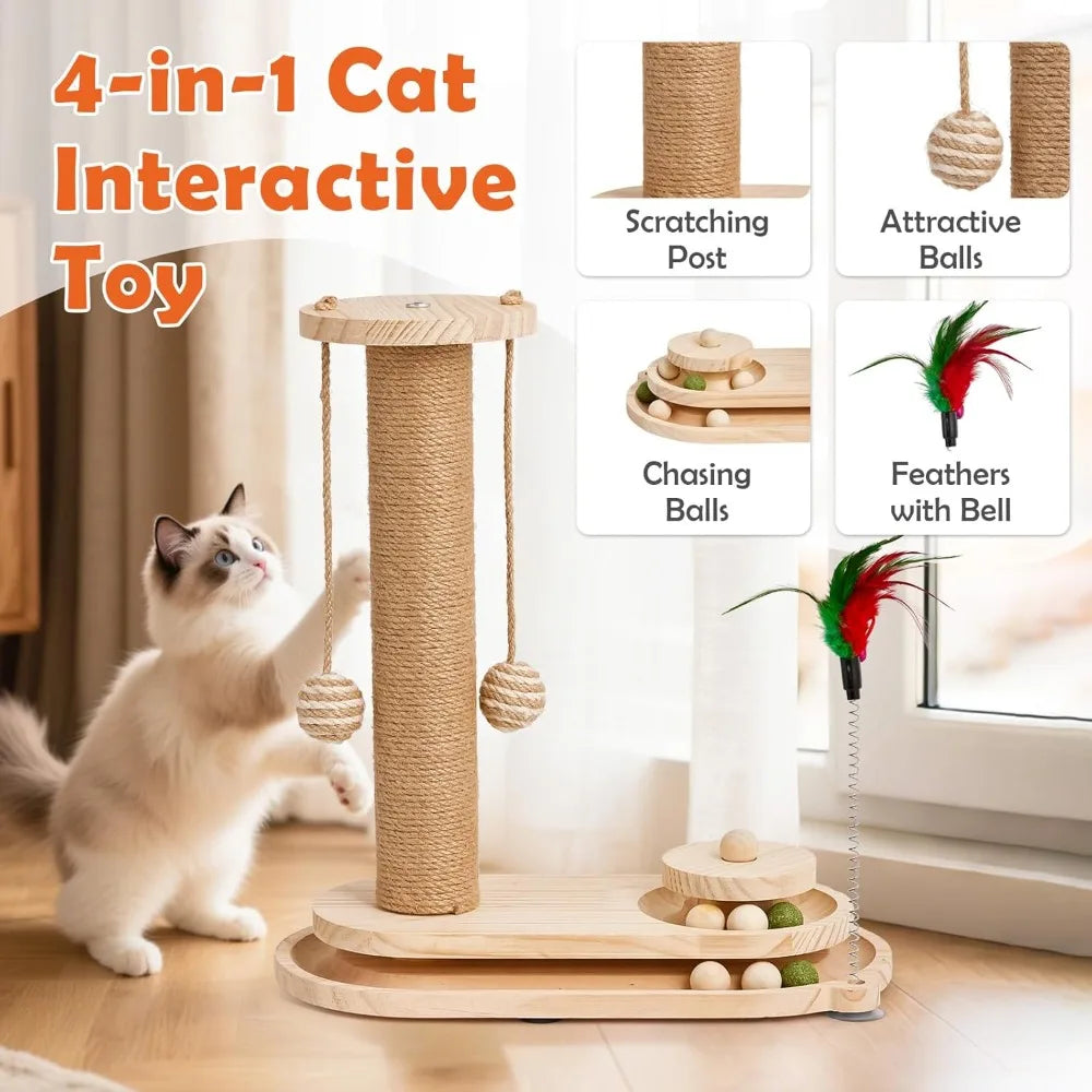Sisal Cat Scratching Post for Indoor Cats with 2-Tier Ball Track, Interactive Kitten Toy Set with Teaser Wand and Rolling Balls