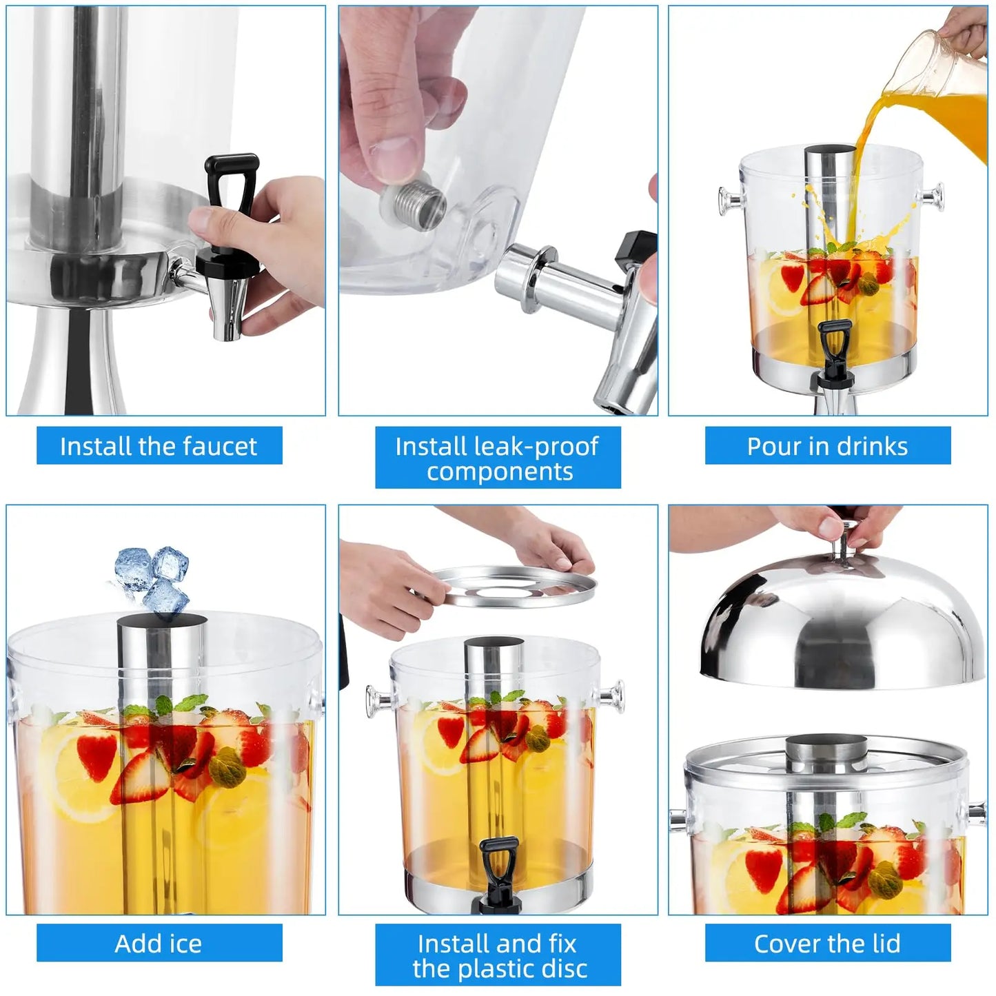 Beverage Dispenser with Ice Core, Stainless Steel Cold Drink Dispenser with Stand, Spigot & Drip Tray for Lemonade, Iced Tea