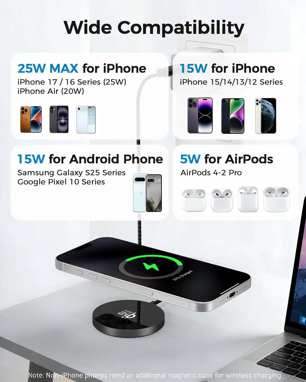 25W Magnetic Wireless Charger, Qi2.2 Fast Charging Pads with Kickstand, MagSafe Compatible for iPhone 17/16/15/14 Series & AirPods, Samsung S26/S25, Google Pixel, 2 Pack