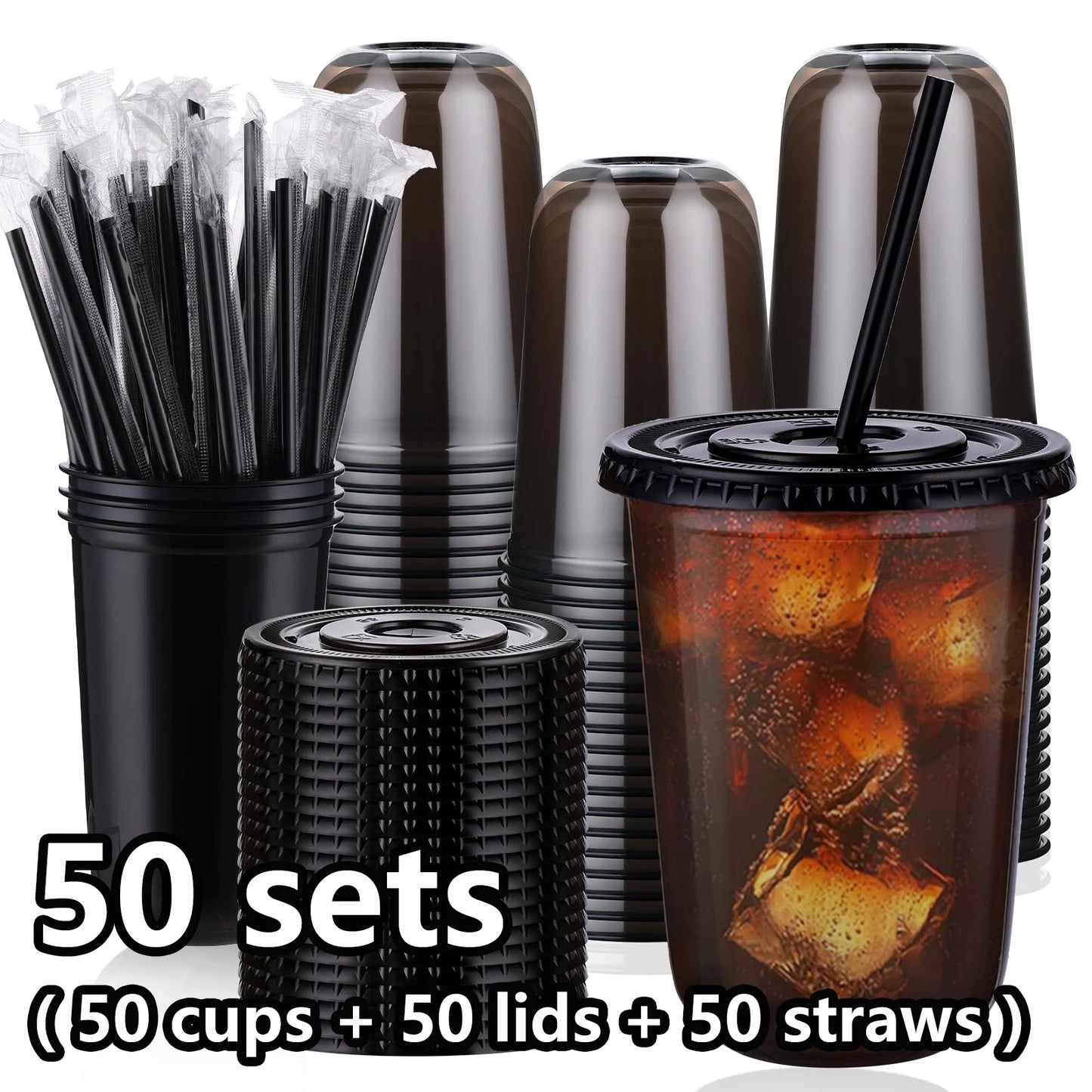 50 Sets of 16oz Black Transparent Cups with Lids and Straws - Disposable Cold Drink Cups for Iced Coffee, Milk Tea, Smoothies, and Party Events