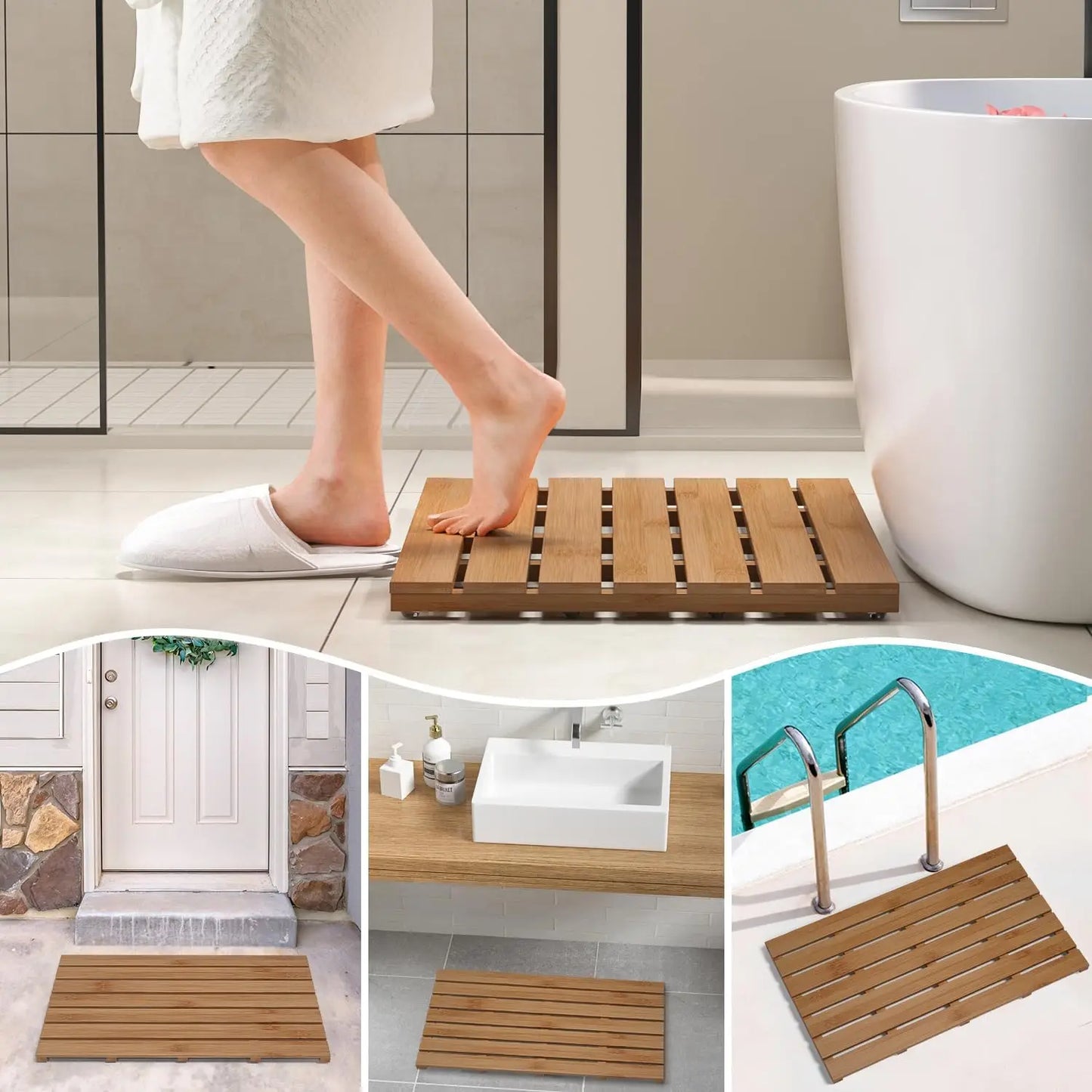 Non-Slip Waterproof Wooden Bamboo Bath Shower Mat for Indoor Outdoor Use, Walnut Color, 31.3x18.1x1.5 Inches