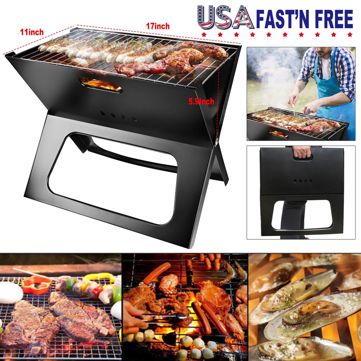 [US Stock] Portable Charcoal BBQ Grill Folding Tabletop Barbecue Grill Lightweight Outdoor Camping Picnic Tailgating Grill 17 In