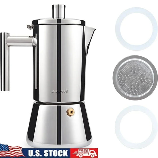 12 Cup Stainless Steel Moka Pot Espresso Maker with Silicone Gasket Seals Filter Screen Reusable Permanent Coffee Brewer
