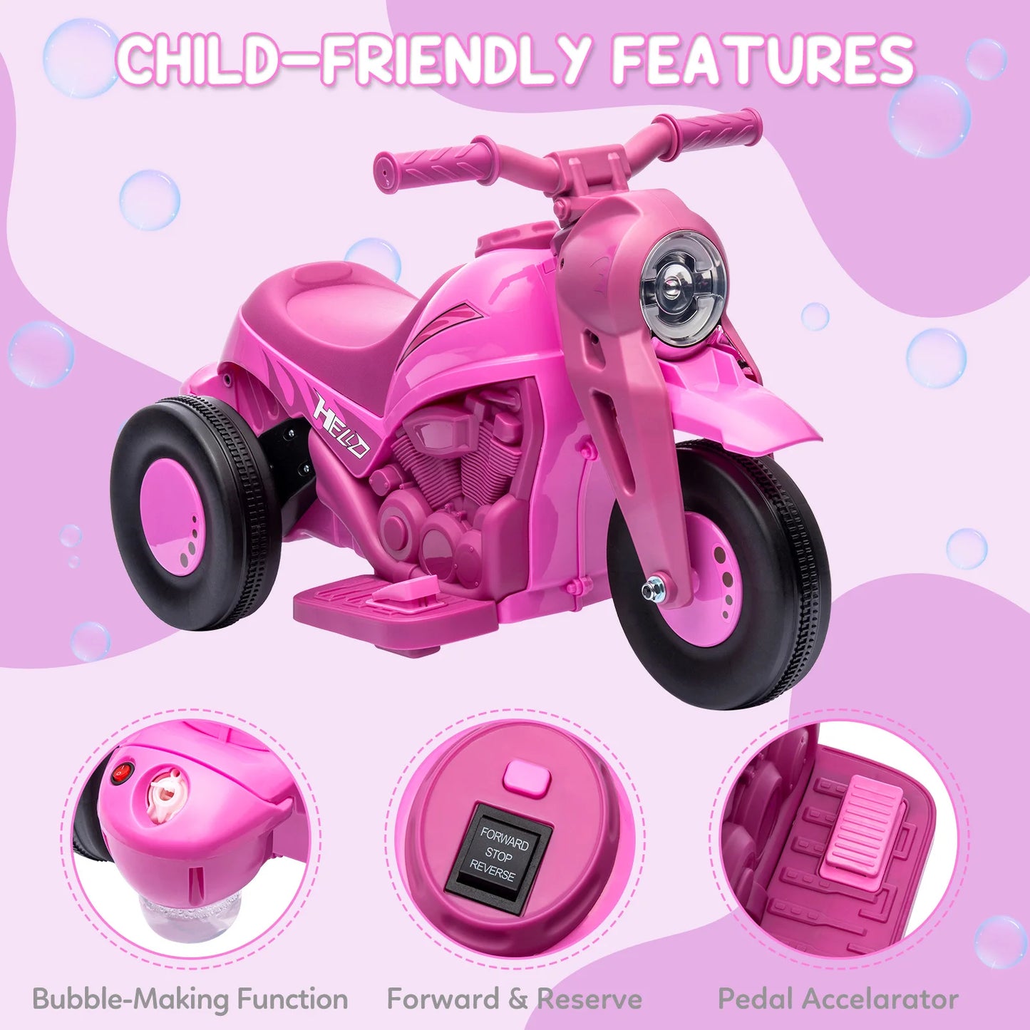 Kids Ride-On Bubble Car 6V Battery-Powered Electric Motorcycle with Led Headlights, Music, Motorbike Toy Gift for Toddlers 3+