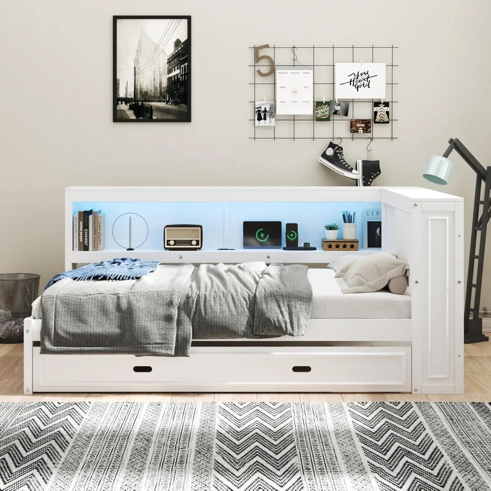 Full Size Daybed with Trundle and Storage Bookcase, L Shaped Daybed with LED Lights & USB Ports, Full Corner Bed Frame with Con