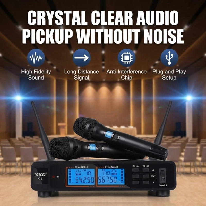 NXG  K-6 UNIVERSAL-1TO2 Dual Wireless Microphone Receiver Kit, Metal Mesh Mic Head, Matte Comfort Grip, Dual Signal Antennas, Crystal Clear Hi-Fi Audio, Zero Delay Sound, Multi-Scene Wireless Mic System for Family Singing, Li